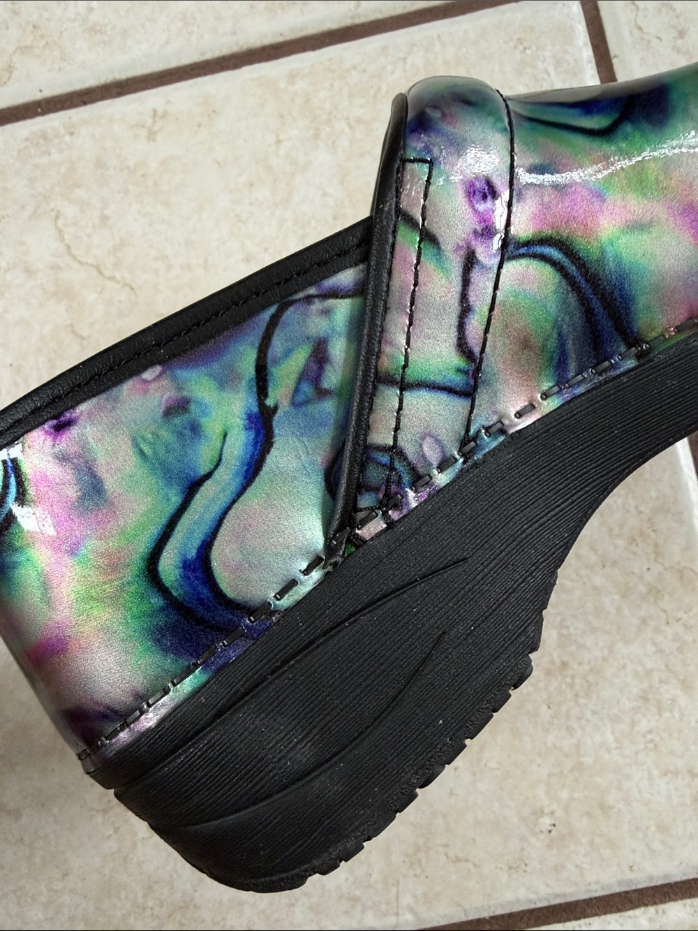 Dansko XP 2.0 Leather Iridescent Swirl Clogs in Green, Purple, Silver